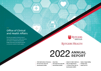 A cover of the Office of Clinical and Health Affairs 2022 annual report showing a blue and white background with medical icons and hexagons. 