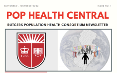 Rutgers population health central newsletter cover with the Rutgers shield and a globe with small people icons over a state of New Jersey outlined